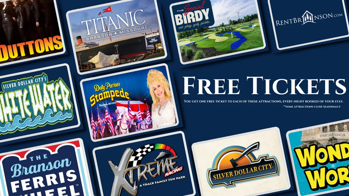 A bright interior display featuring 'Free Tickets' text and logos from popular local attractions, surrounded by lively colors. The focal point is the promotion of local entertainment and family adventures.